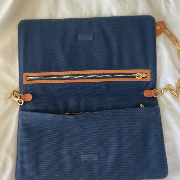 Tory Burch Pink and Blue Clutch with Gold Accents